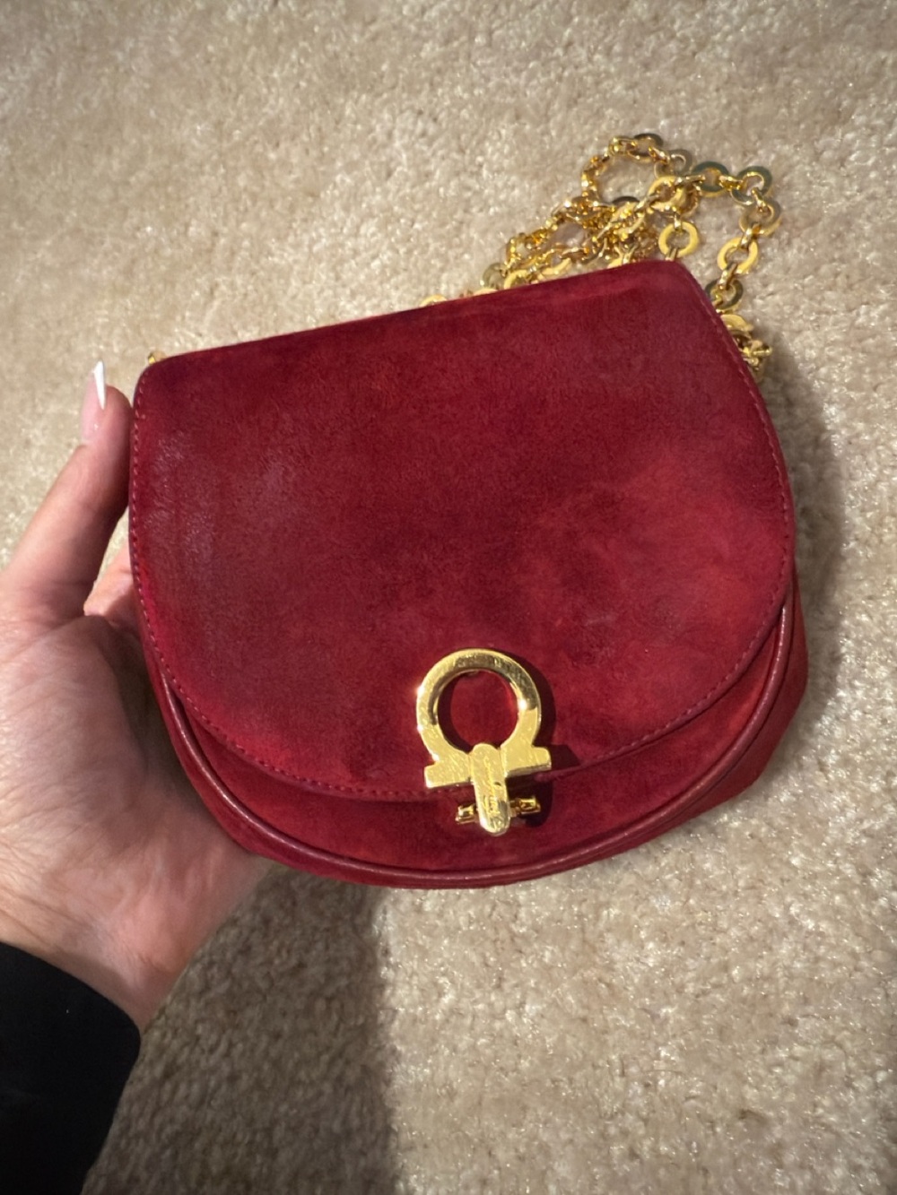 Salvatore Ferragamo Red Suede Crossbody Bag with Gold Hardware
